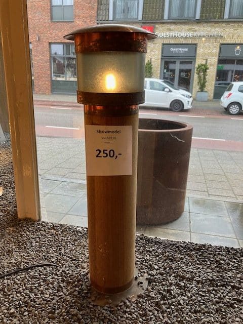 Buitenlamp teak rond tuinextra koper hardhout showmodel aanbieding buitenverlichting